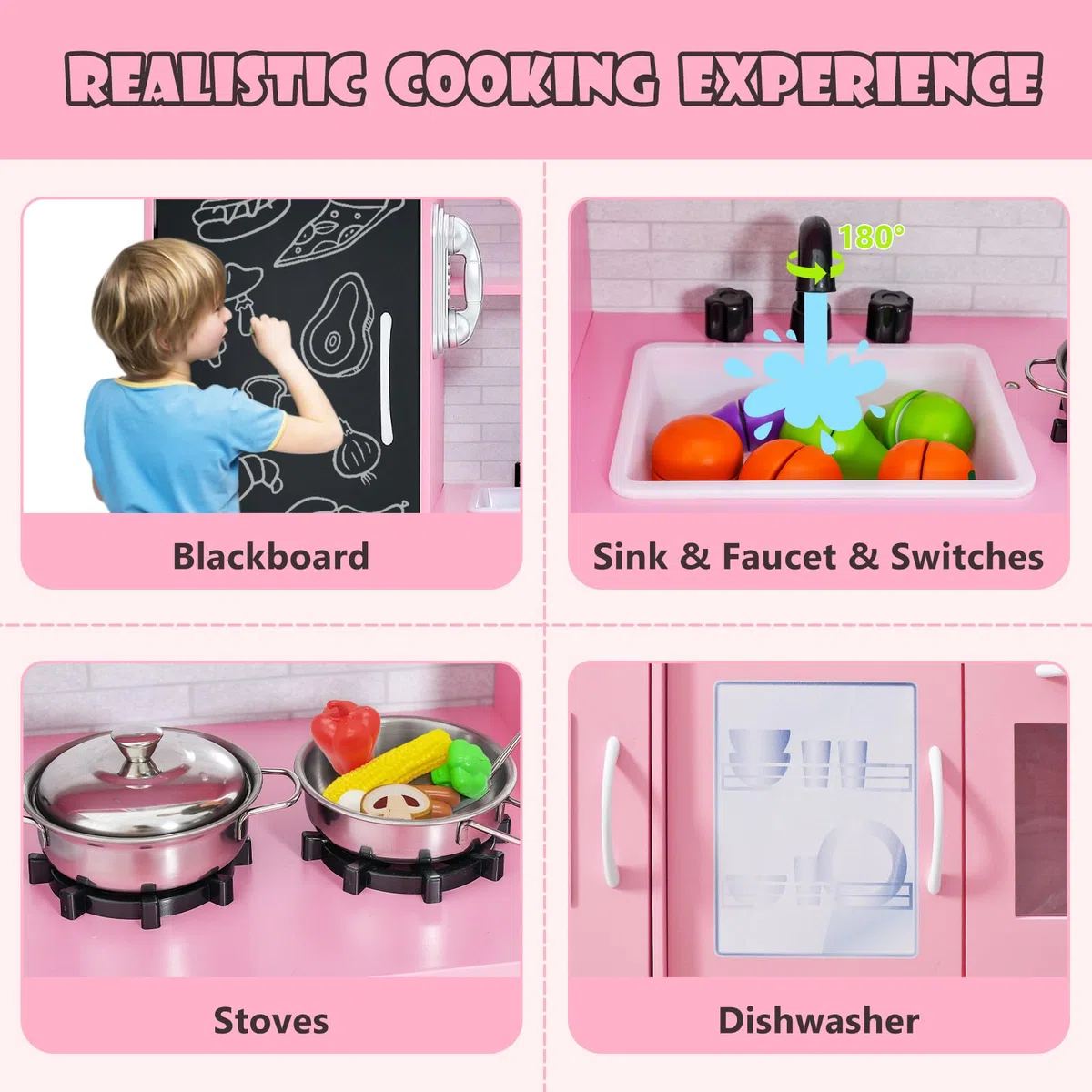 HOMASIS Cucina Giocattolo con 10 Accessori, Cucina in Legno per Bambini con Suoni con Lavagna, Lavello, Fornelli, Macchina del Gelato, Telefono, Cucina per Bambini dai 3 Anni (Rosa)