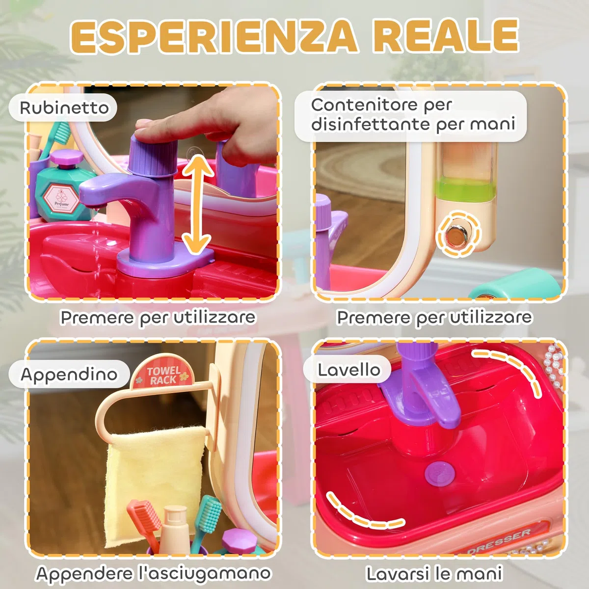 AIYAPLAY Tavolo Toeletta per Bambine 3-6 Anni con Specchio in Acrilico e Rubinetto, Gioco per Bambini in Plastica, 55x29x71 cm, Rosa