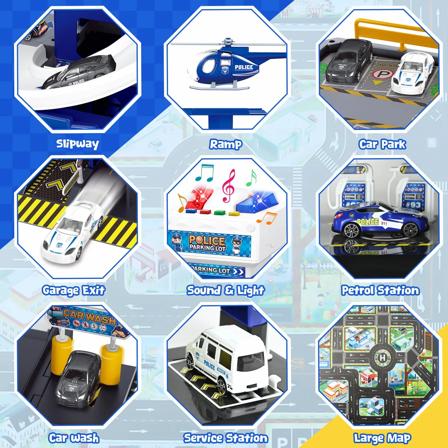 FORMIZON 5 Piani Parcheggio per Bambini dai 3 Ann, Parcheggio Macchinine con Garage, Ascensore, Rampe, Effetti Sonori e Luminosi, Garage Mmacchine per Bambini con 8 Autos e 3 Elicottero (Blu)
