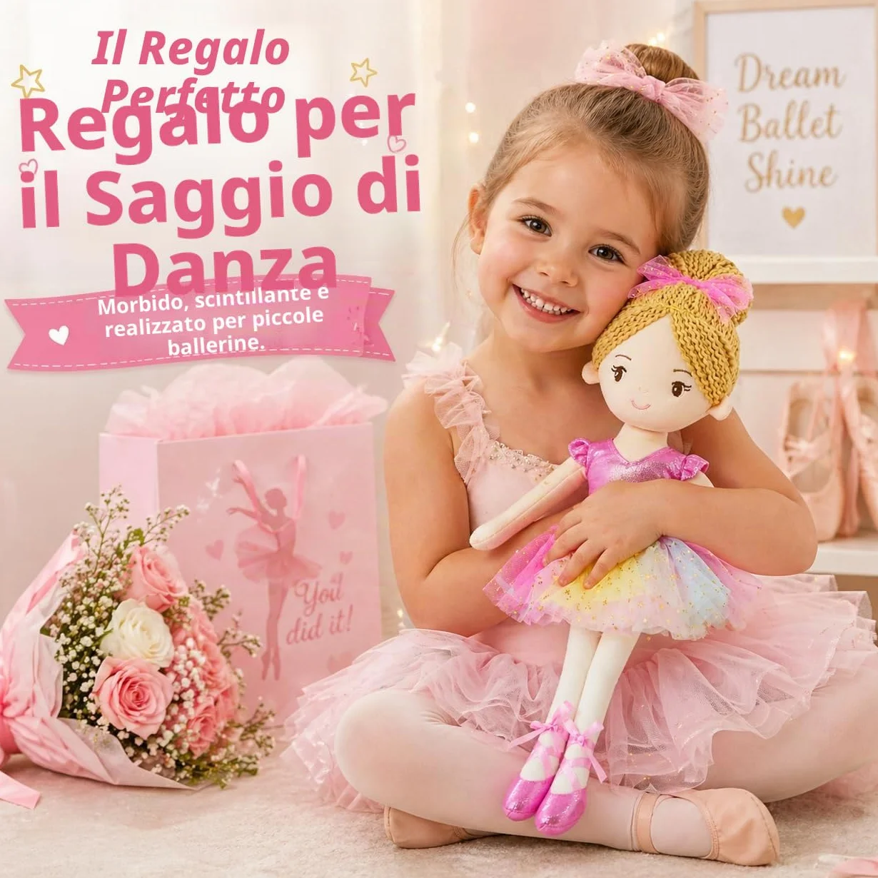 40 cm Ballerina Principessa Polina - Bambola di peluche piena - vestito rosa - regalo per bambine
