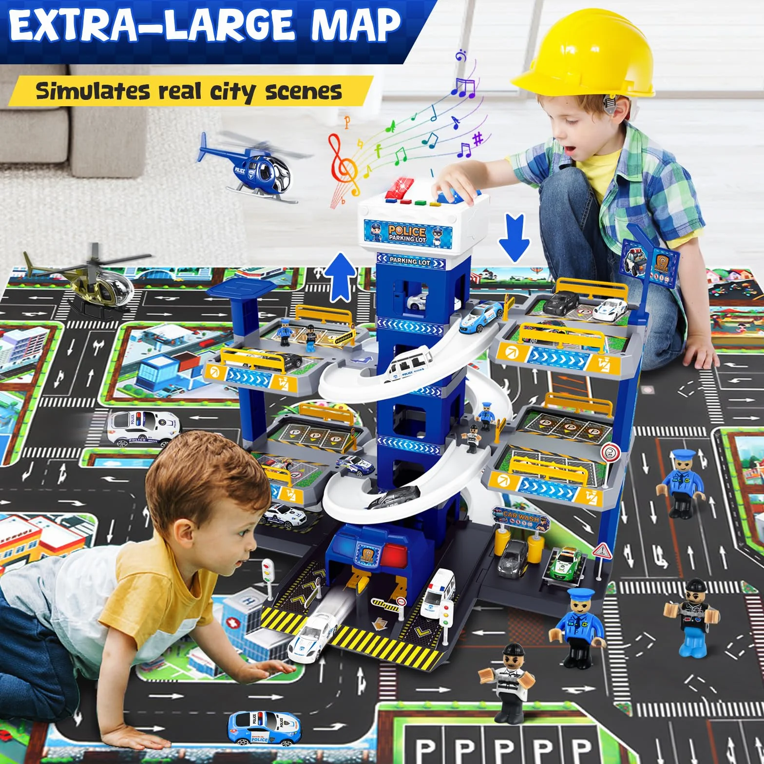 FORMIZON 5 Piani Parcheggio per Bambini dai 3 Ann, Parcheggio Macchinine con Garage, Ascensore, Rampe, Effetti Sonori e Luminosi, Garage Mmacchine per Bambini con 8 Autos e 3 Elicottero (Blu)