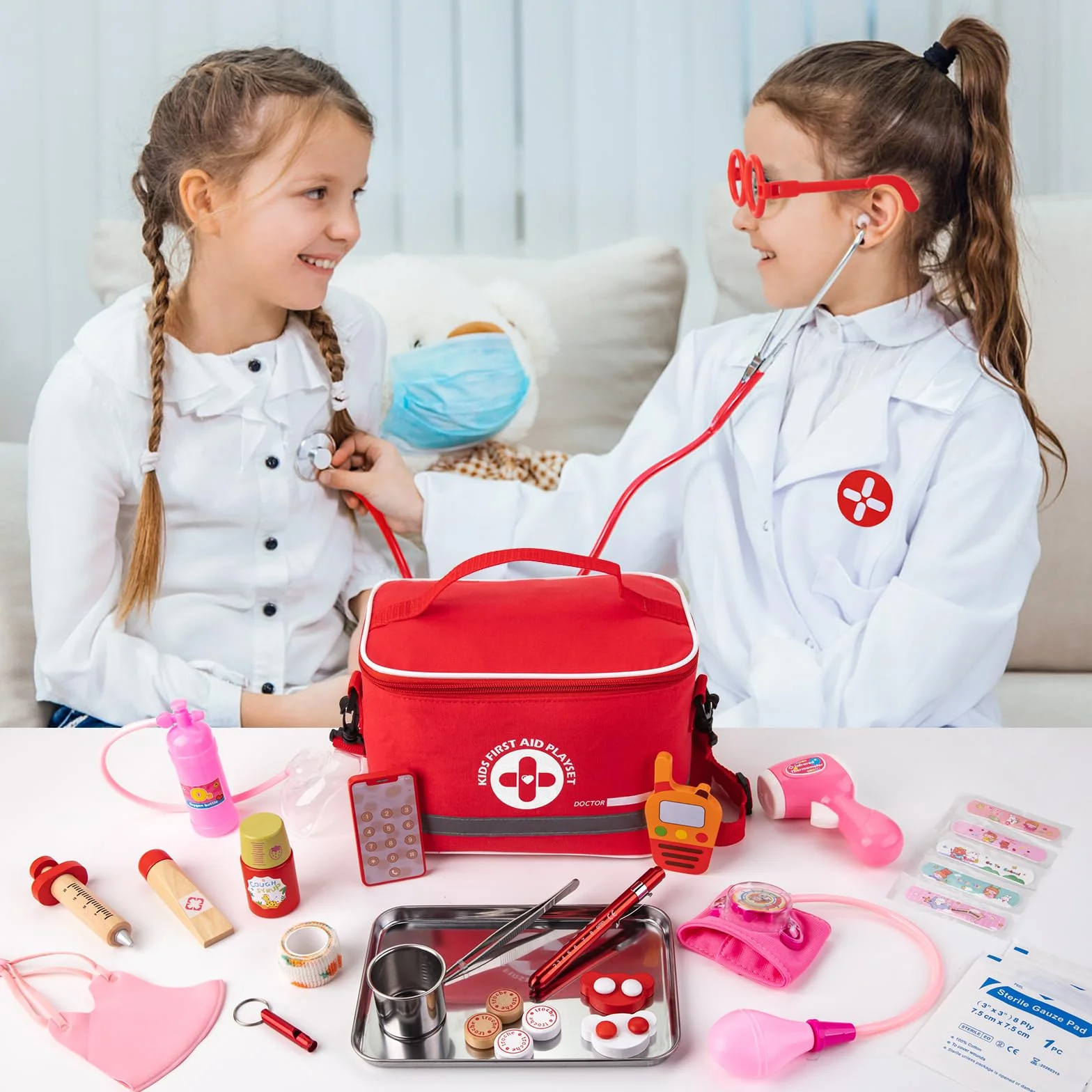 EFO SHM 34 Pezzi Kit Medico per Bambini con Vero Stetoscopio e Camice - Valigetta Dottore Portatile, Gioco di Ruolo Interattivo, Idea Regalo 3 4 5 6 Anni