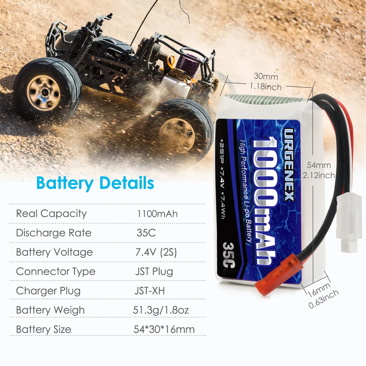 7.4V 1000mAh Lipo Battery 2S 35C Lipo RC Batteries with JST Plug Rechargeable Lithium Battery with 2 in 1 USB Charger for WLtoys A949 A959 A969 A979 K929 and Most 1/10 1/16 1/18 1/24 RC Cars