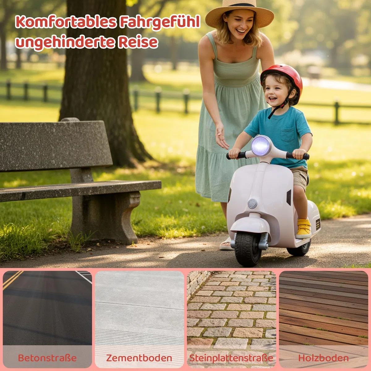 MAMIZO Moto Elettrica per Bambini 6V, Moto Giocattolo Cavalcabile a 3 ruote, Avanti e Indietro, con schienale, Fari, USB, Pedali, Musica, 72x56x37 cm, 2 km/h, max 20 kg, per bambini 3-6 anni, Bianco