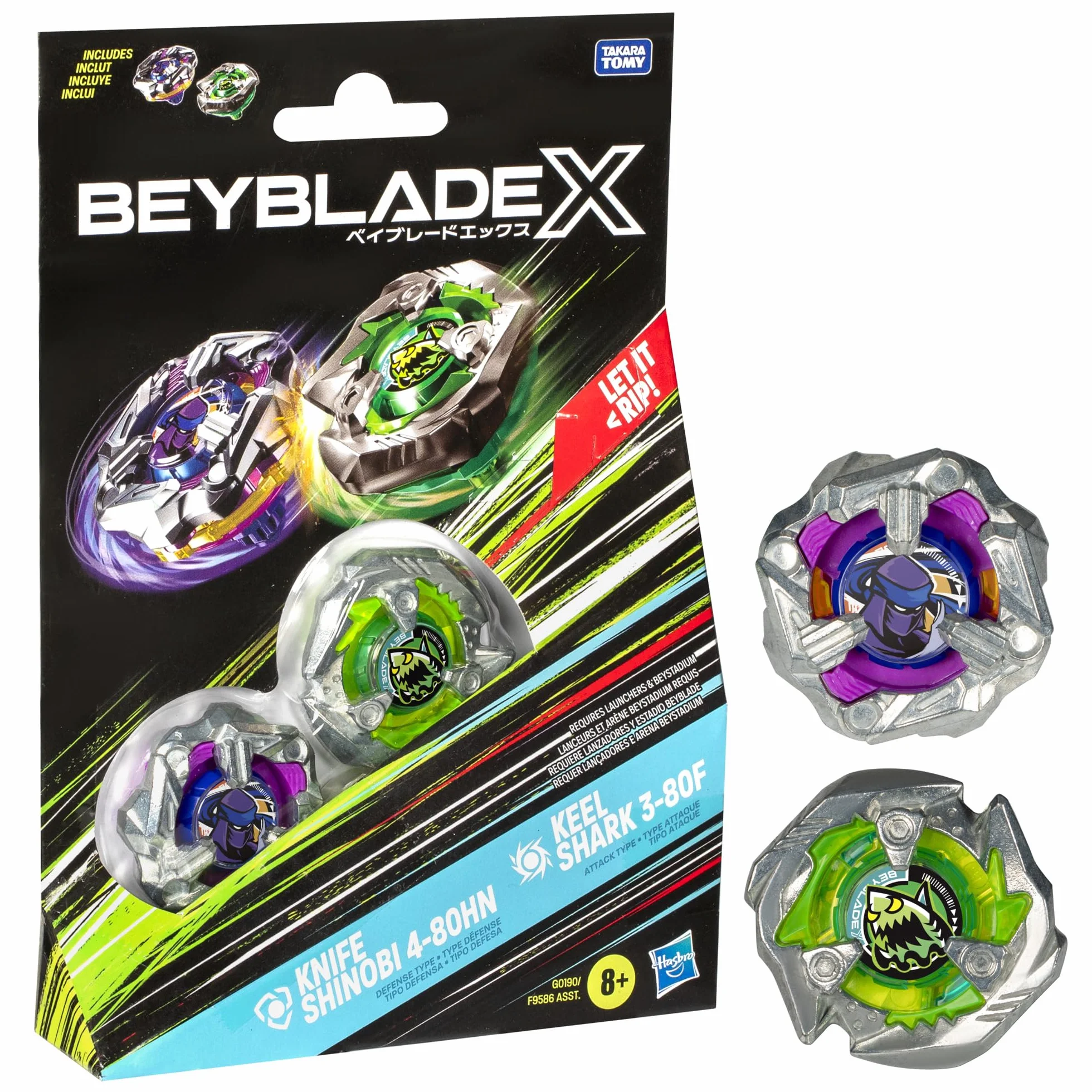 Hasbro Beyblade X con Knife Shinobi 4-80HN e Keel Shark 3-80F, Gioco di Strategia per Bambini e Famiglie con 2 Trottole Giocattolo, Giochi per Feste con Amici