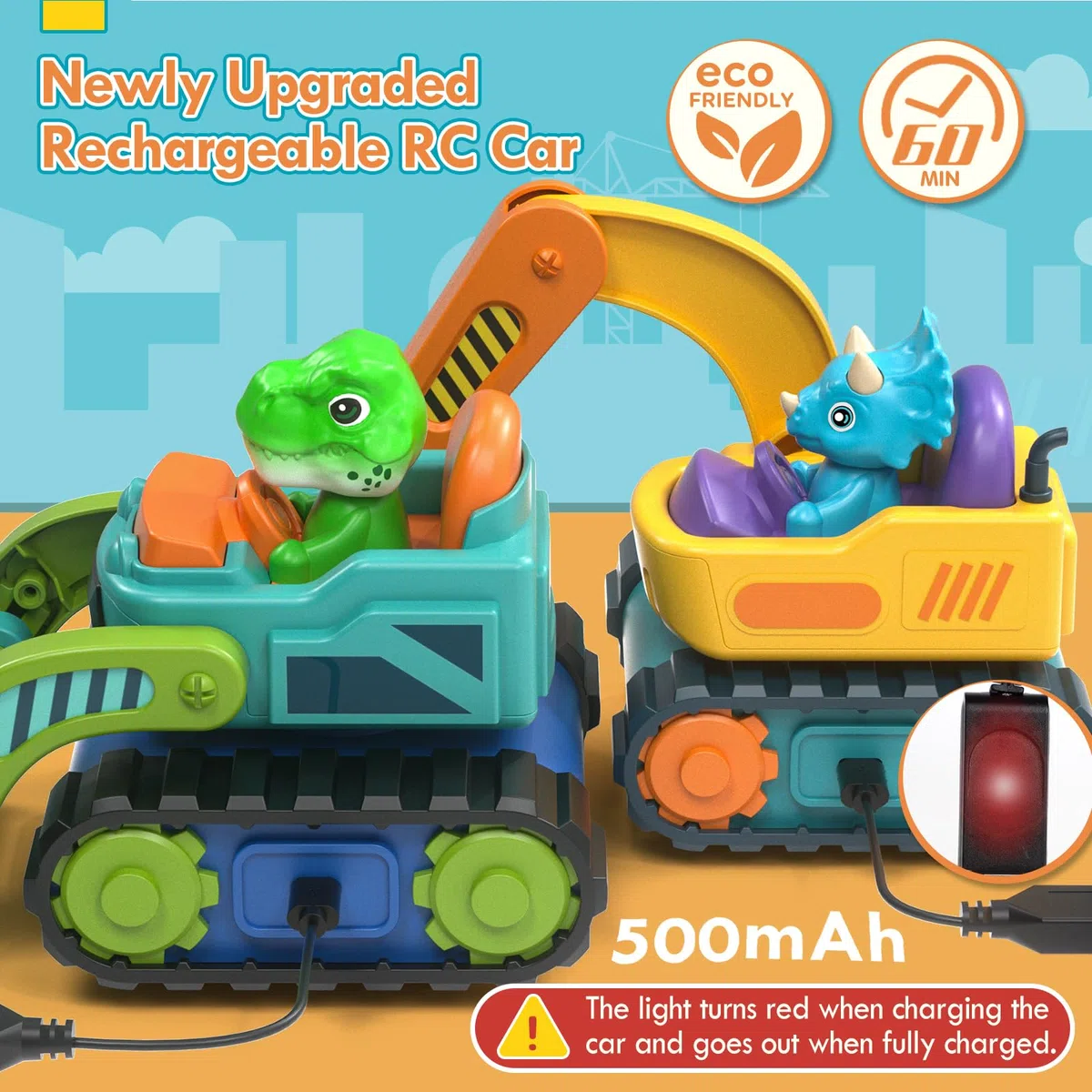 Giocattolo per ragazzi di 1 2 3 anni, giocattoli di dinosauro scavatore telecomandato per ragazzi, confezione da 2 giocattoli per bambini giocattolo RC auto camion con musica e suono