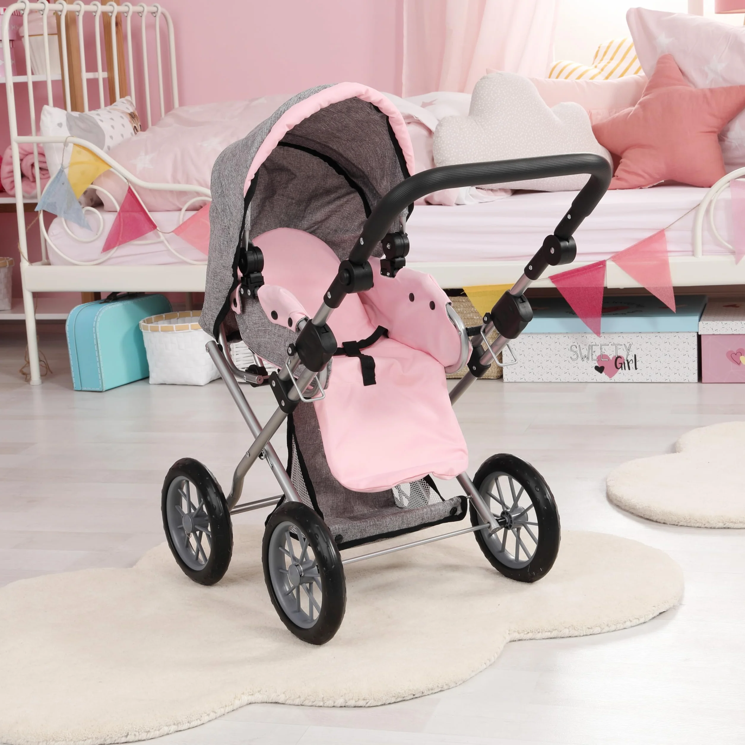Bayer Design 13633AA Carrozzina per Bambole City Star, Passeggino per Bambole, pieghevole, regolabile in Altezza, convertibile con borsa