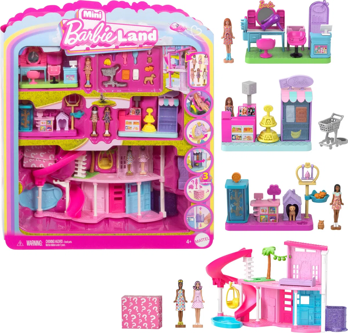 Barbie Mini BarbieLand - Set dei Sogni, con boutique degli animali, supermercato e parrucchiere, 4 mini bambole e accessori inclusi, giocattolo per bambini, 4+ anni, JGL31