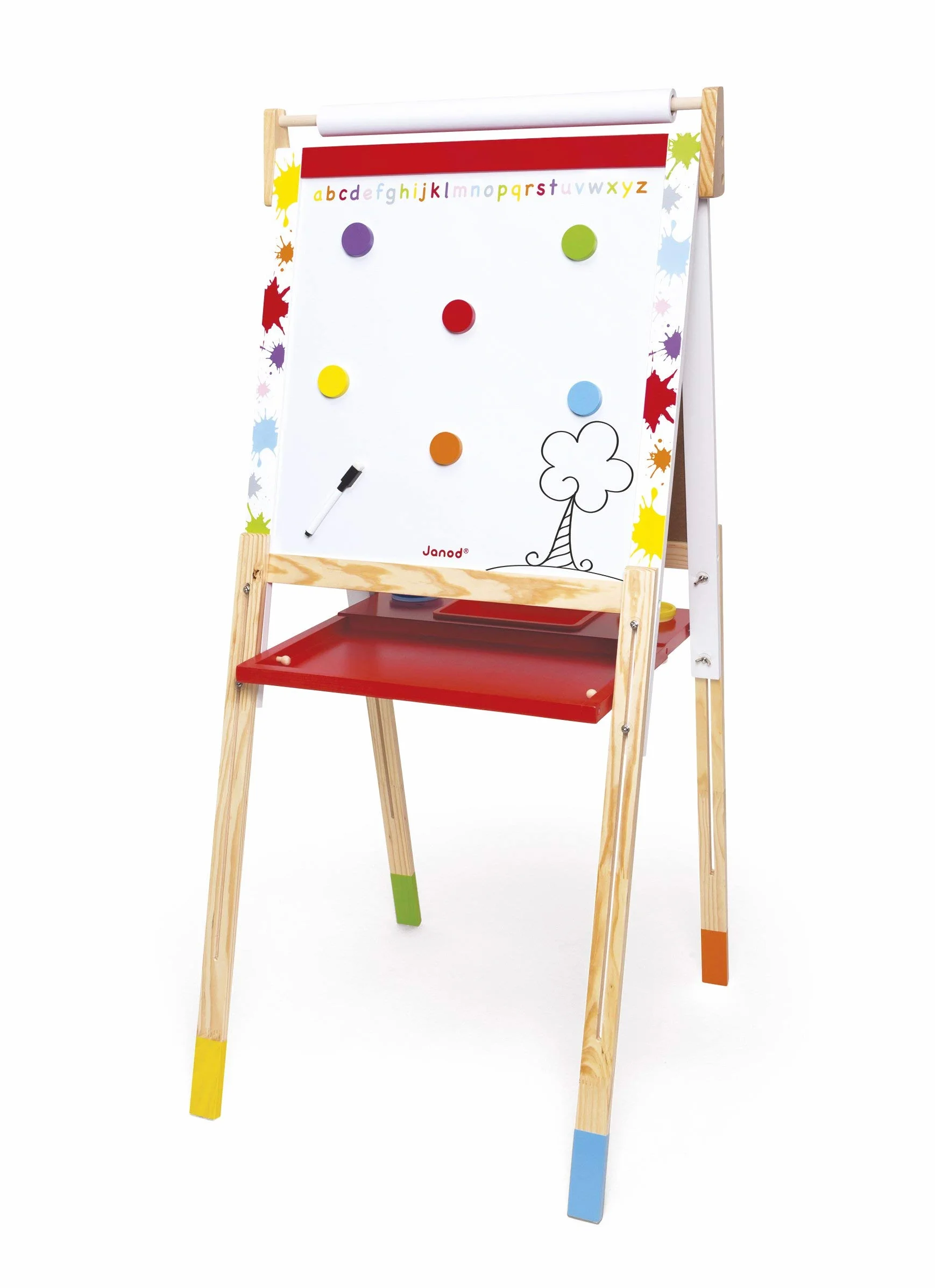 Janod-Due Facce Splash Lavagna per Bambini in Legno Evolutiva Magnetica Bianca Regolabile in Altezza con Ardesia per Gesso, 13 Accessori Inclusi, A partire da 3 Anni, J09611