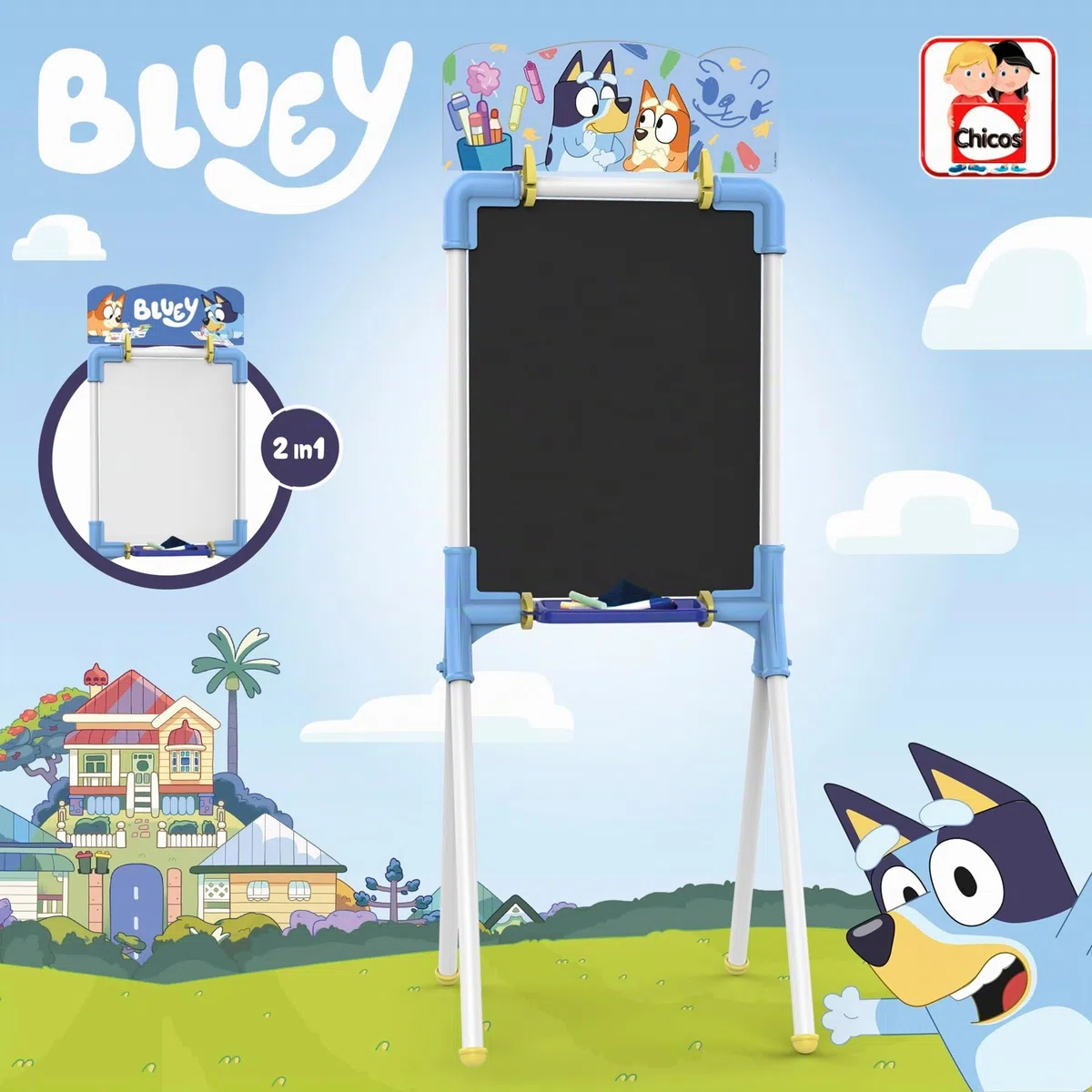 Chicos - Lavagna per Bambini Bluey 2 in 1 | Cavalletto Pittura Reversibile con Gessi e Pennarelli | Giochi Educativi Creativi | Per bambini 3 anni (53053)