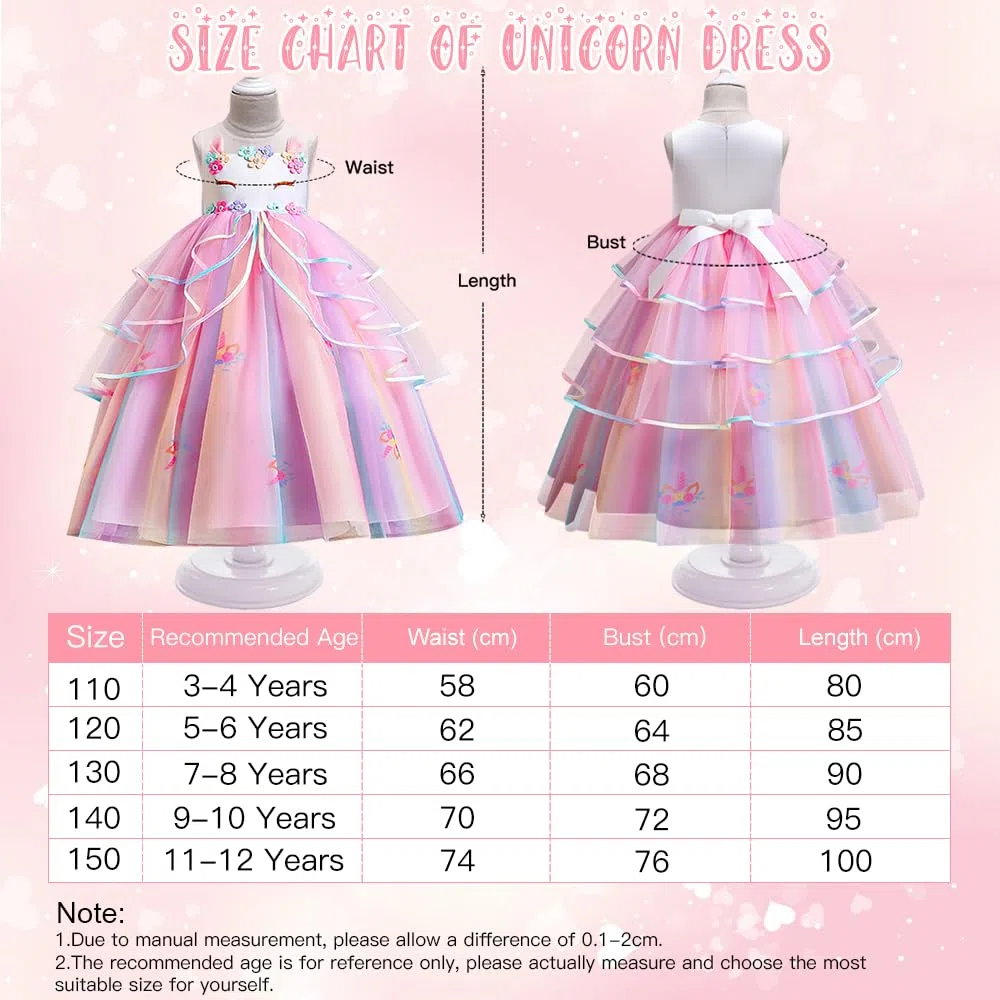 TOLOYE Vestito Principessa Bambina, Principessa Vestiti con Collana Set, Costume da Cosplay Unicorno Bambina Ragazza,Vestito Fantasia per Halloween Carnevale Cosplay Compleanno Natale Festa