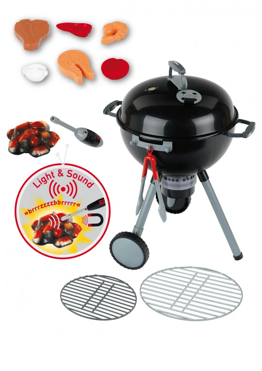 Theo Klein 9401 Barbecue a sfera Premium Weber con luce e suono, Incl. accendino con testa magnetica per l'attivazione del mucchio di carbone, Giocattolo per bambini a partire dai 3 anni di età