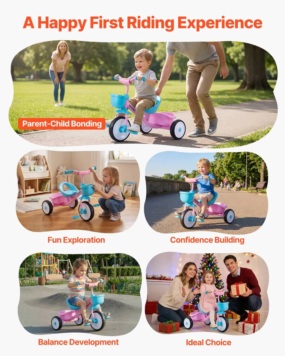 VEVOR Triciclo per Bambini da 2 a 5 Anni, Triciclo con Sedile Regolabile Cestino Posteriore Portaoggetti Telaio in Acciaio al Carbonio, Triciclo per Bambini con Manubrio Ruote in EVA, Rosa + Blu