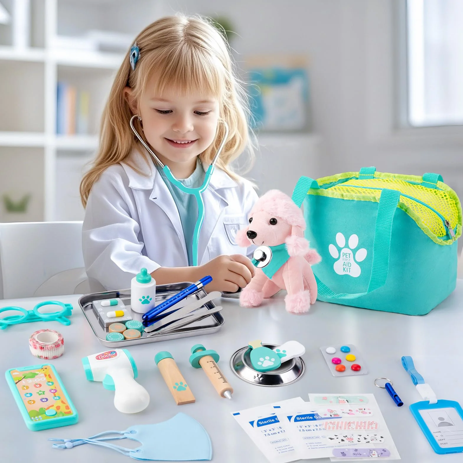 Sundaymot Valigetta Dottore Bambini, kit Dottoressa Bambina, con Peluche Cane Giochi Vero stetoscopio, termometro, camice da medico, Gioco di Ruolo per Ragazze e Ragazzi di 3, 4, 5 Anni