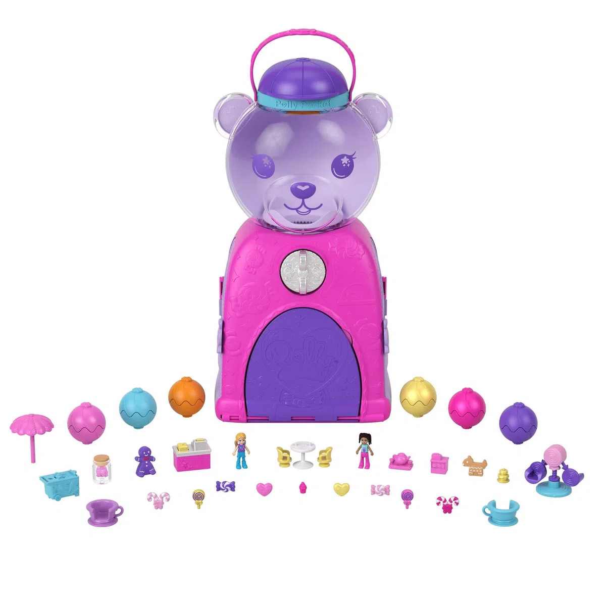Polly Pocket Orsetto Dolci Sorprese - Playset con 4 aree gioco e 32 pezzi gioco: 2 bambole, caramelle non commestibili e funzione di ricarica, Giocattolo per Bambini 4+ Anni, HJN90