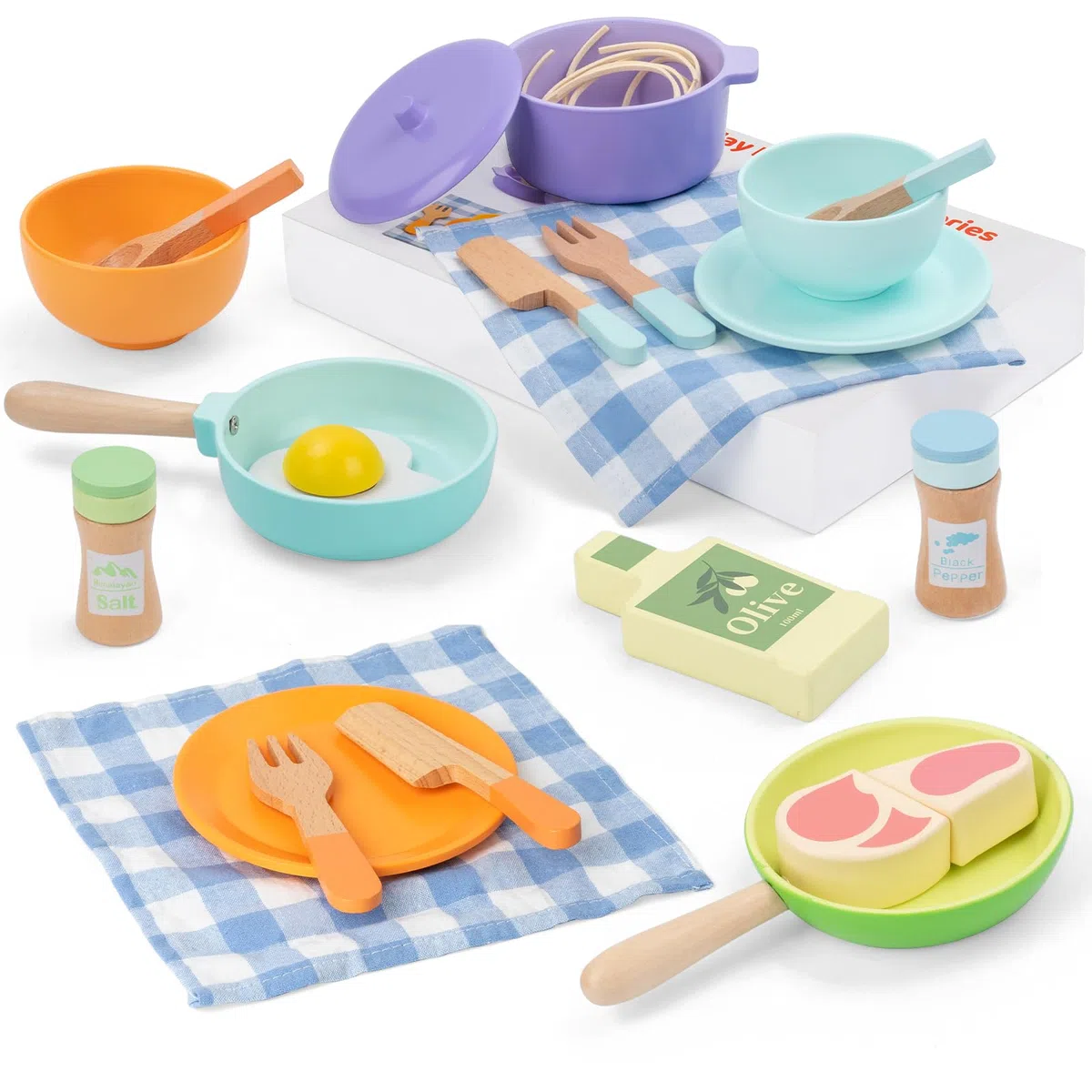 Set Cucina Bambini in Legno 21 Pezzi con Pentole e Accessori, Giocattolo Educativo Montessori e Gioco di Ruolo per Creatività, Età 3+ Anni
