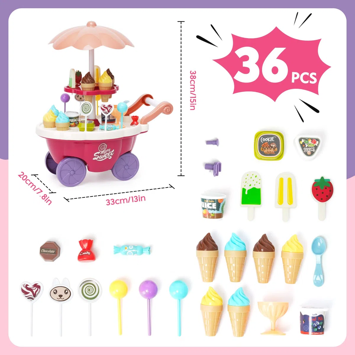 Set di Giocattoli per Gelato, Carretto dei gelati Carretto dei gelati per bambini, Carrello Gelatoper Contatore per Gelato, Giochi di Ruolo Regalo per Bambini 3+ Anni Ragazzi e Ragazze