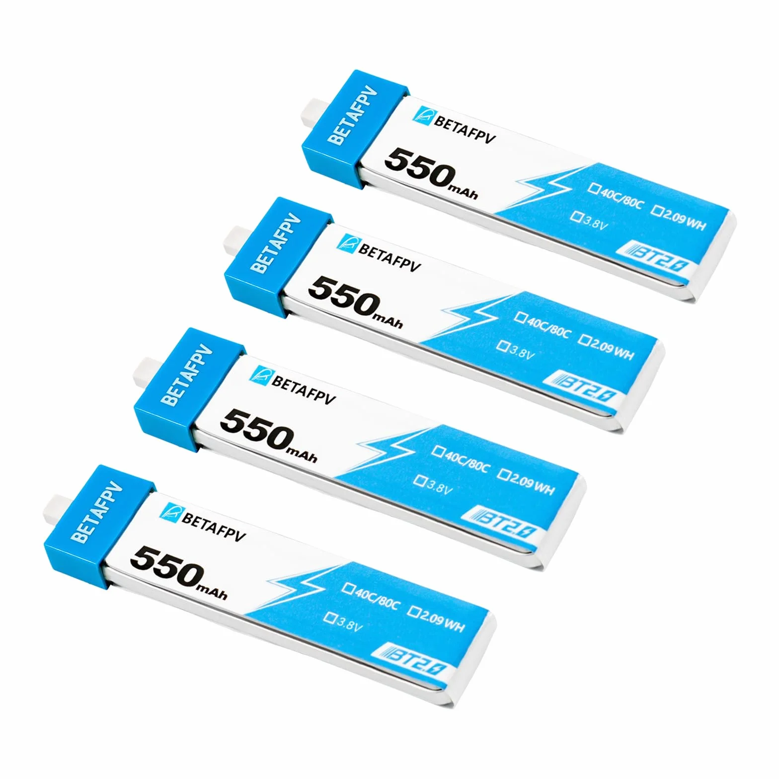 BETAFPV 4pcs BT2.0 550mAh 1S Battery 4.35V 40C/80C Lipo Battery with BT2.0 Connector Compatible for 75-85mm 1S FPV Racing Whoop Drone Quadcopters like Meteor75 Pro FPV Drone
