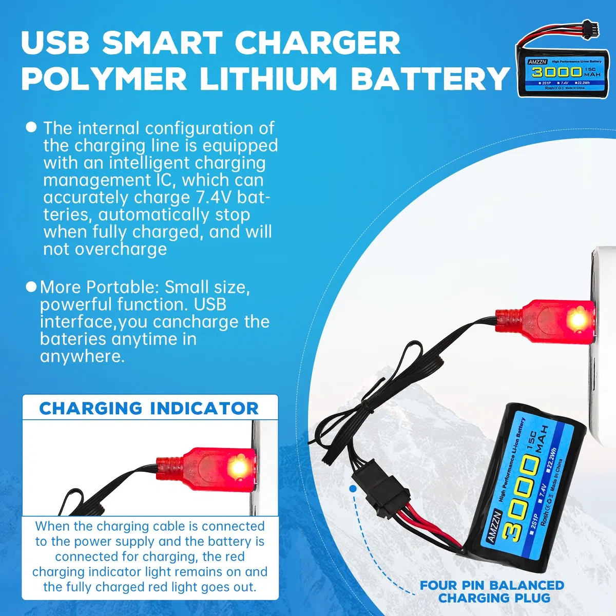 2PCS 7.4V 3000mah 15C 2S SM-4P spina Li ion batteria con caricabatterie USB per EC08 DE85 RC auto,Camion RC nave telecomando drone ingegneria veicolo batteria di riserva