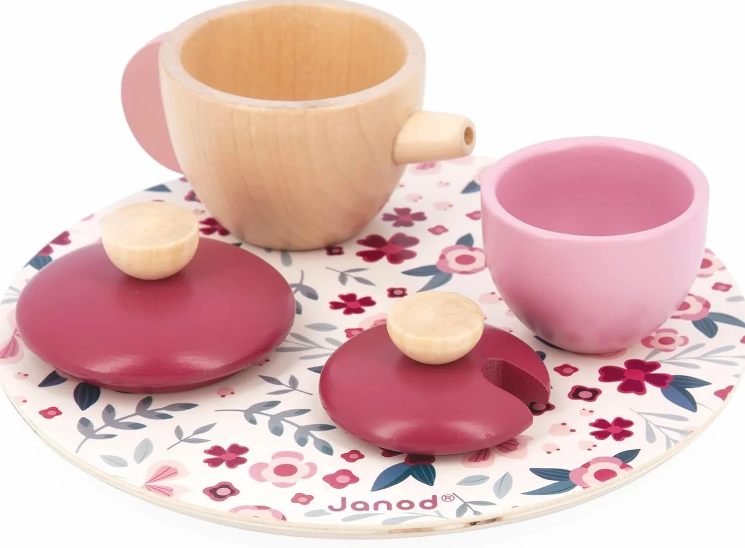 Janod - Servizio da tè Twist - 16 Accessori Legno e Feltro - Giocattolo di Imitazione - Servizio tè Bambini - in Legno FSC - dai 2 Anni, J06631