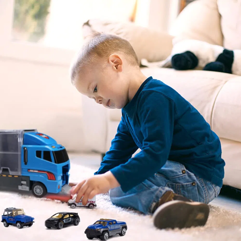 Camion Giocattoli Trasportatore di Polizia 10 in 1 con Maniglia, Set di Mini Veicoli in Plastica Pressofusa, Istruzione Prescolare per Bambini Regalo per Festa di Compleanno Party Natale