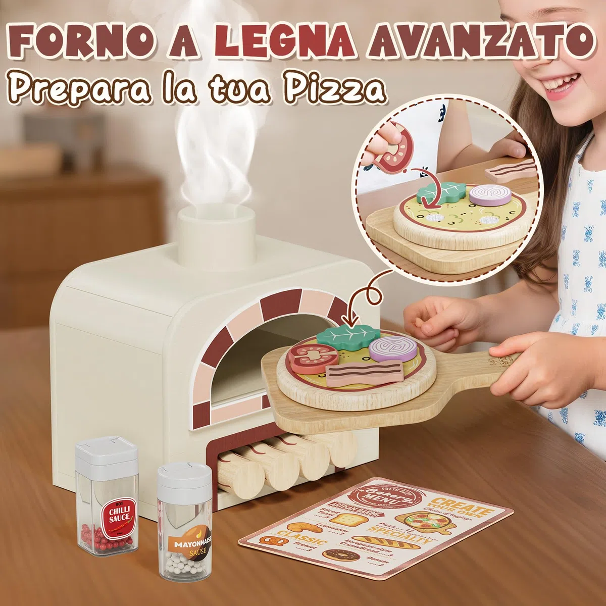 Lehoo Castle Cucina Giocattolo per Bambini, Pizza Giocattolo in Legno, Accessori Cucina Bambini, Giochi Bambino Bambina 3-5 Anni