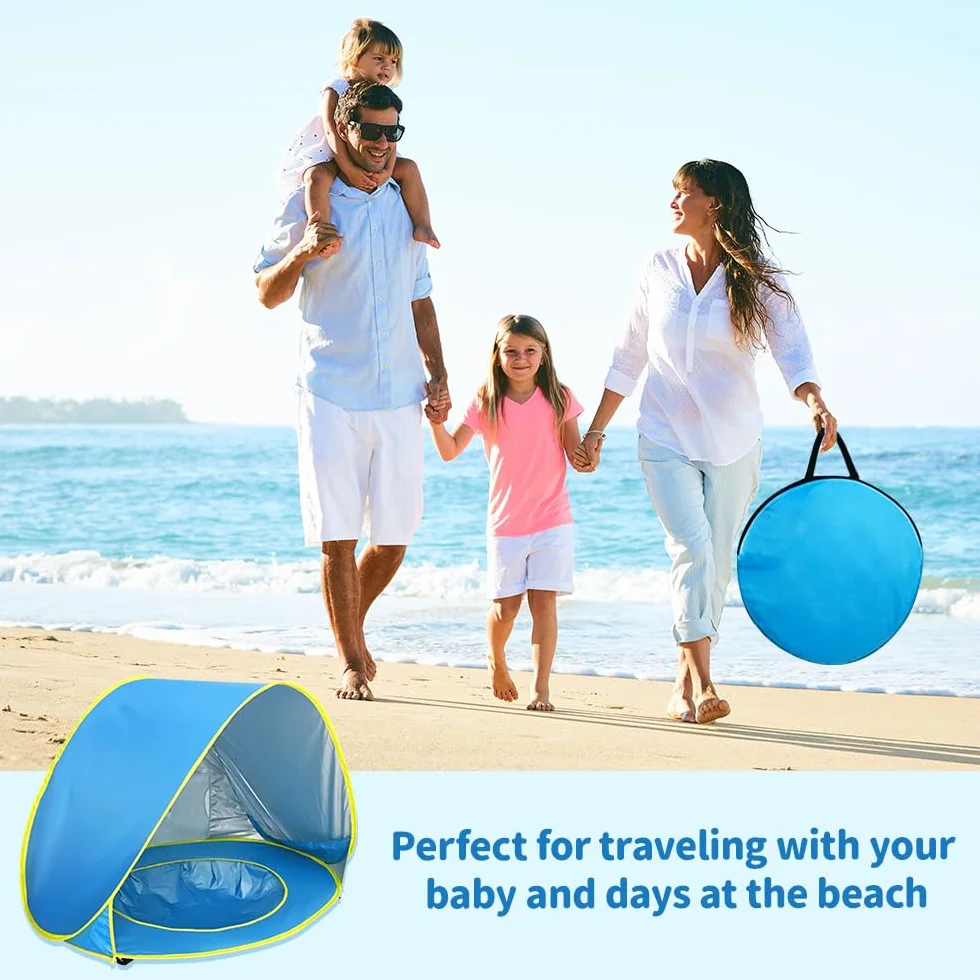 Tenda da Spiaggia Bambini, Tenda Spiaggia con Protezione UV 50, Parasole da Spiaggia con Mini-Piscina, Borsa per il Trasporto e Picchetti, Finestra con Cerniera
