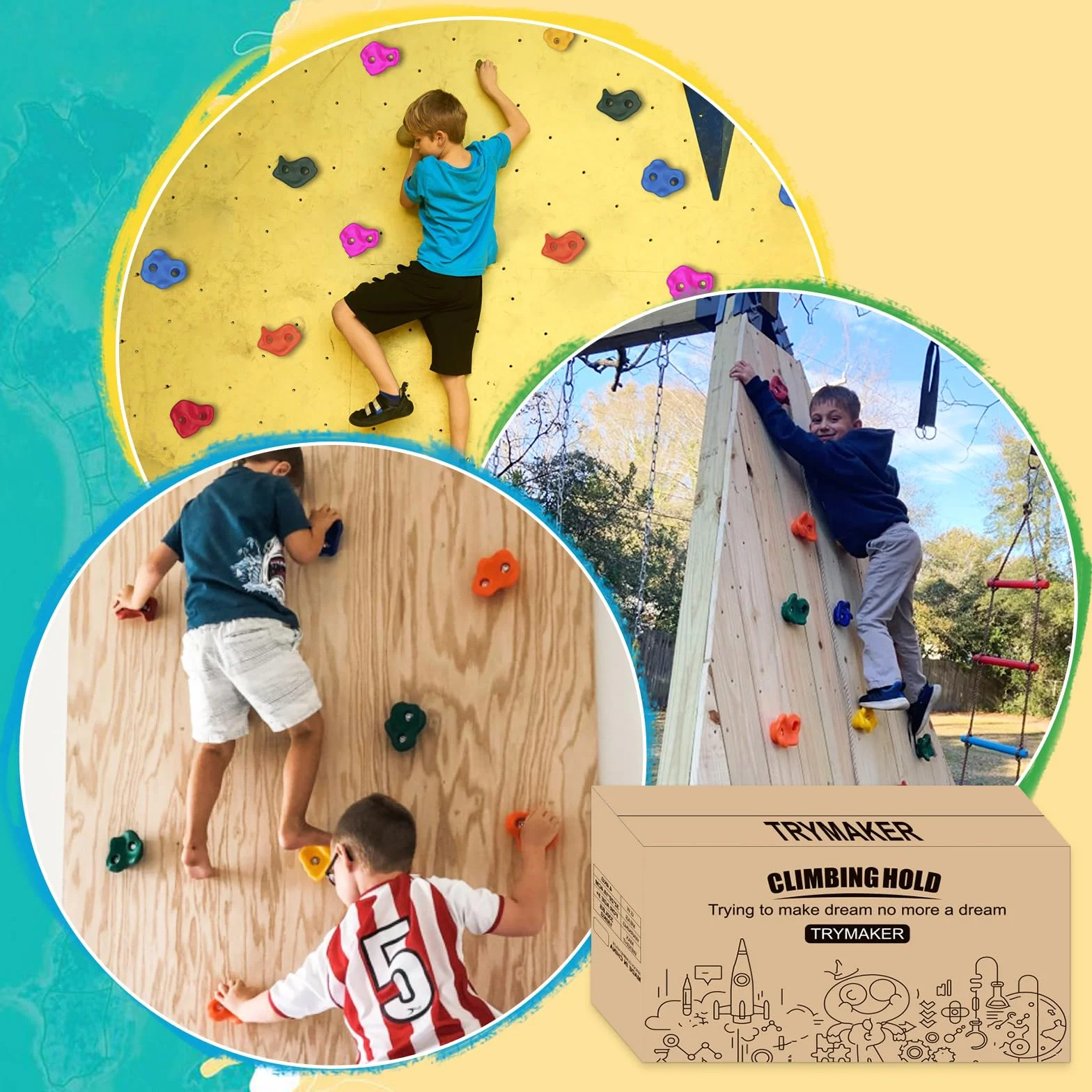 Trymaker Set di impugnature per arrampicata su roccia per bambini, 15 pezzi/30 impugnature per arrampicata per bambini e adulti all'aperto