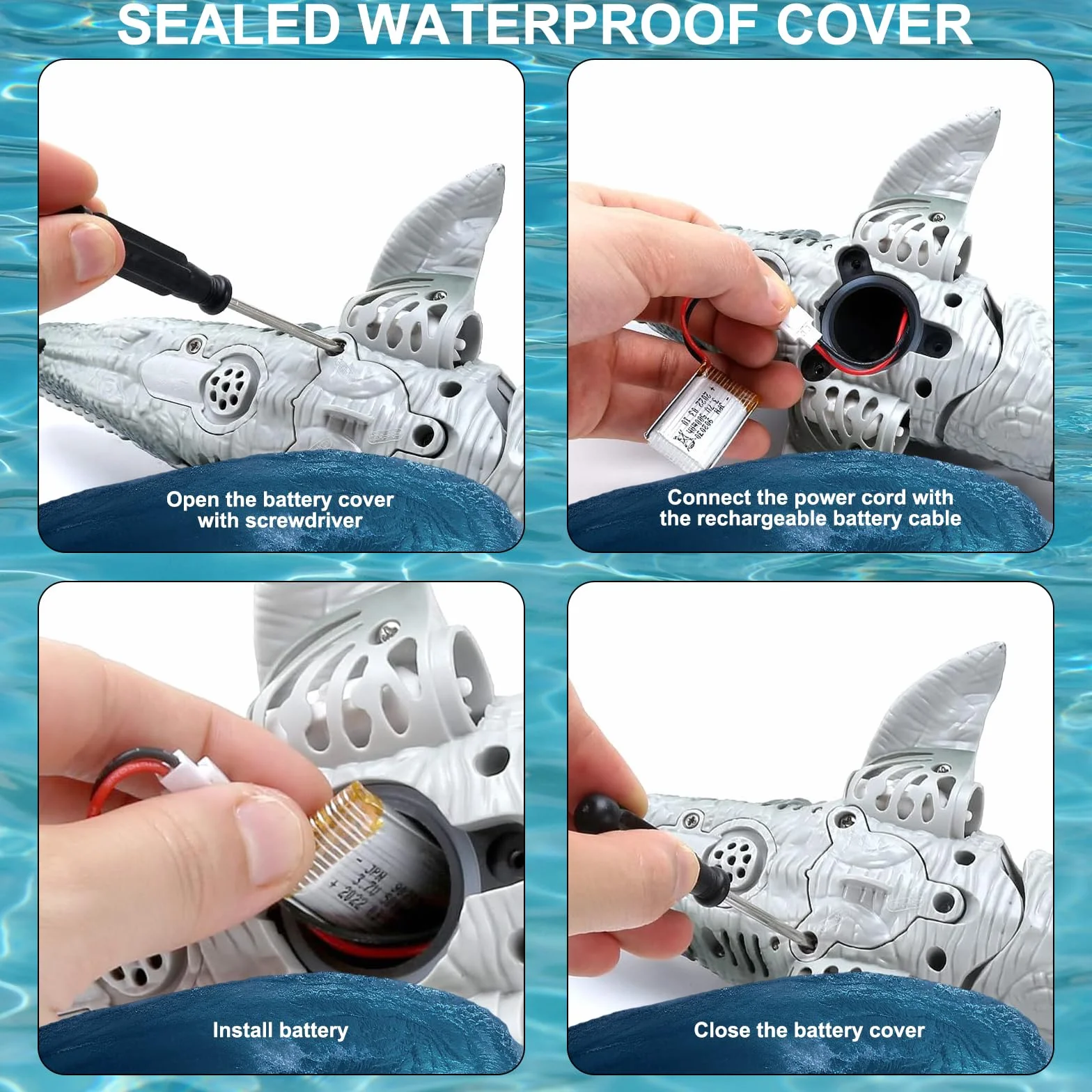 2.4GHz Barca Telecomandata Mosasaurus con Luce & Spray, Doppio Eliche RC Barca Telecomandata Dinosaur per Bambini, RC Squalo Motoscafo, Piscine e Laghi Giocattolo Spruzzare Acqua (grigio)