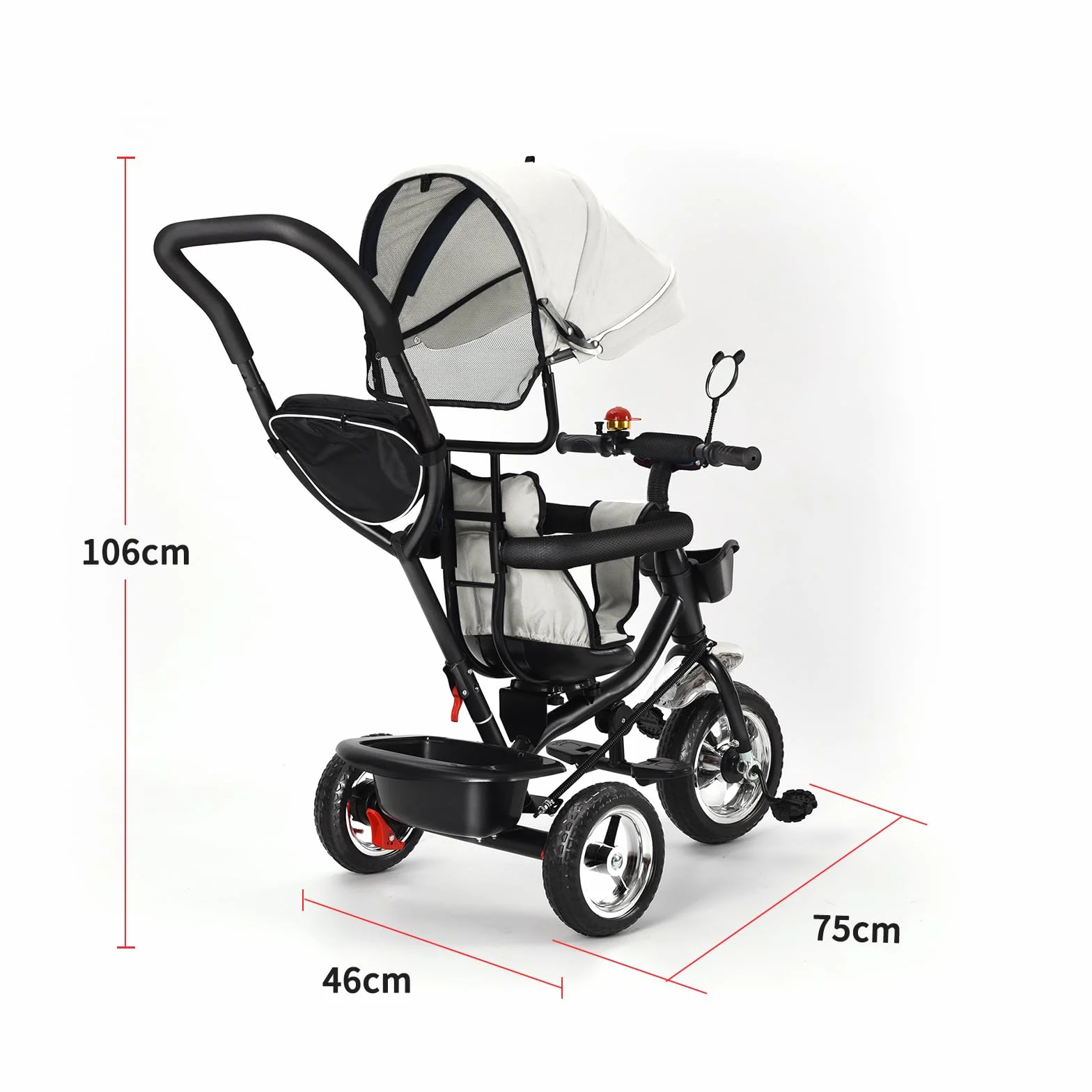 Triciclo Evolutivo per Bambini, Draisienne Evolutivo per Bambini con Barra di Spinta, Passeggino Bicicletta per Bambini, Bicicletta per Bambini con Parasole (Grigio)