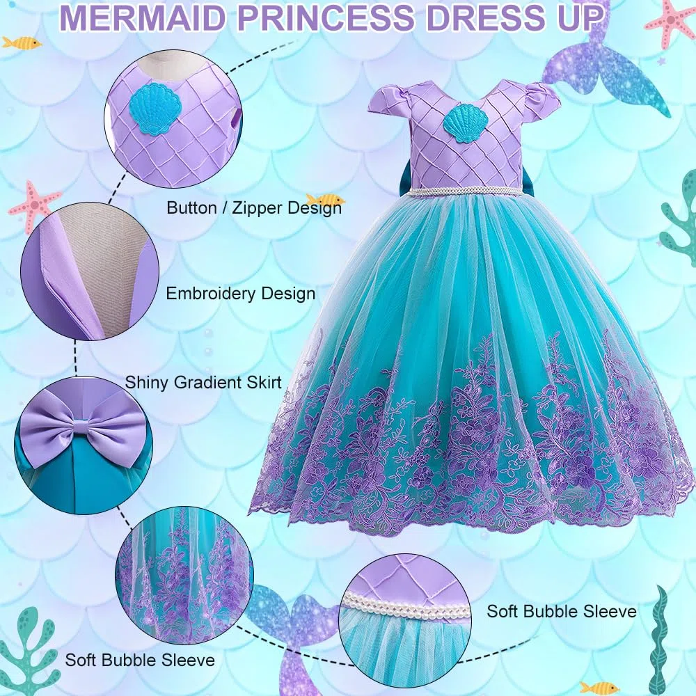 Vestito Principessa Bambina, Principessa Costume con Corona Set, Ragazze Costume, Fantasia Vestito per Halloween Carnevale Cosplay Compleanno Natale Festa