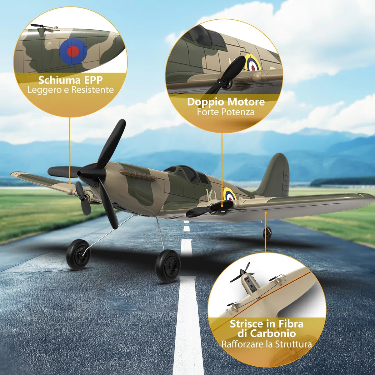HAWK'S WORK Aereo RC a 3 Canali Spitfire Fighter, Elicottero da Guerra Telecomandato Pronto a Volare, Stabilizzatore Giroscopico a 6 Assi a 2.4GHz, Facile da Pilotare per Bambini e Principianti