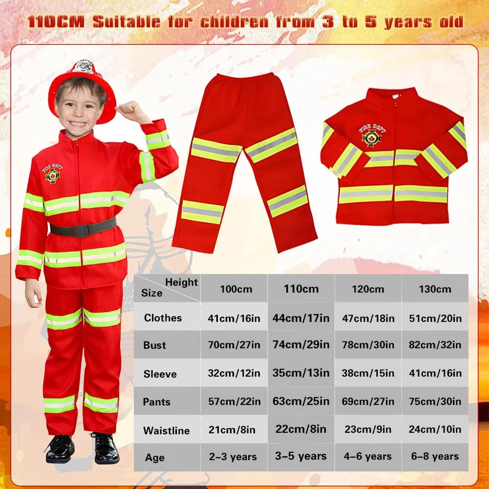 Costume da Pompiere per Bambini, 12pcs Giochi di Ruolo, Costumi di Halloween, Giocattolo 3-5 Anni per Feste in Maschera, Esercitazioni Antincendio, Scuola e Casa (110cm)