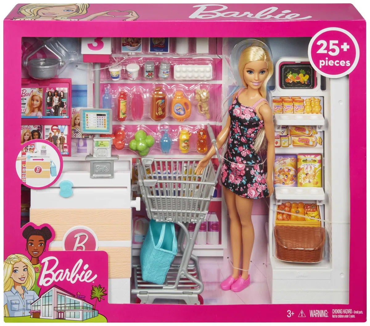 Barbie - Il Supermercato, playset con bambola bionda, carrello con ruote che girano e nastro trasportatore funzionante, scaffale con 20+ accessori, giocattolo per bambini, 3+ anni, FRP01
