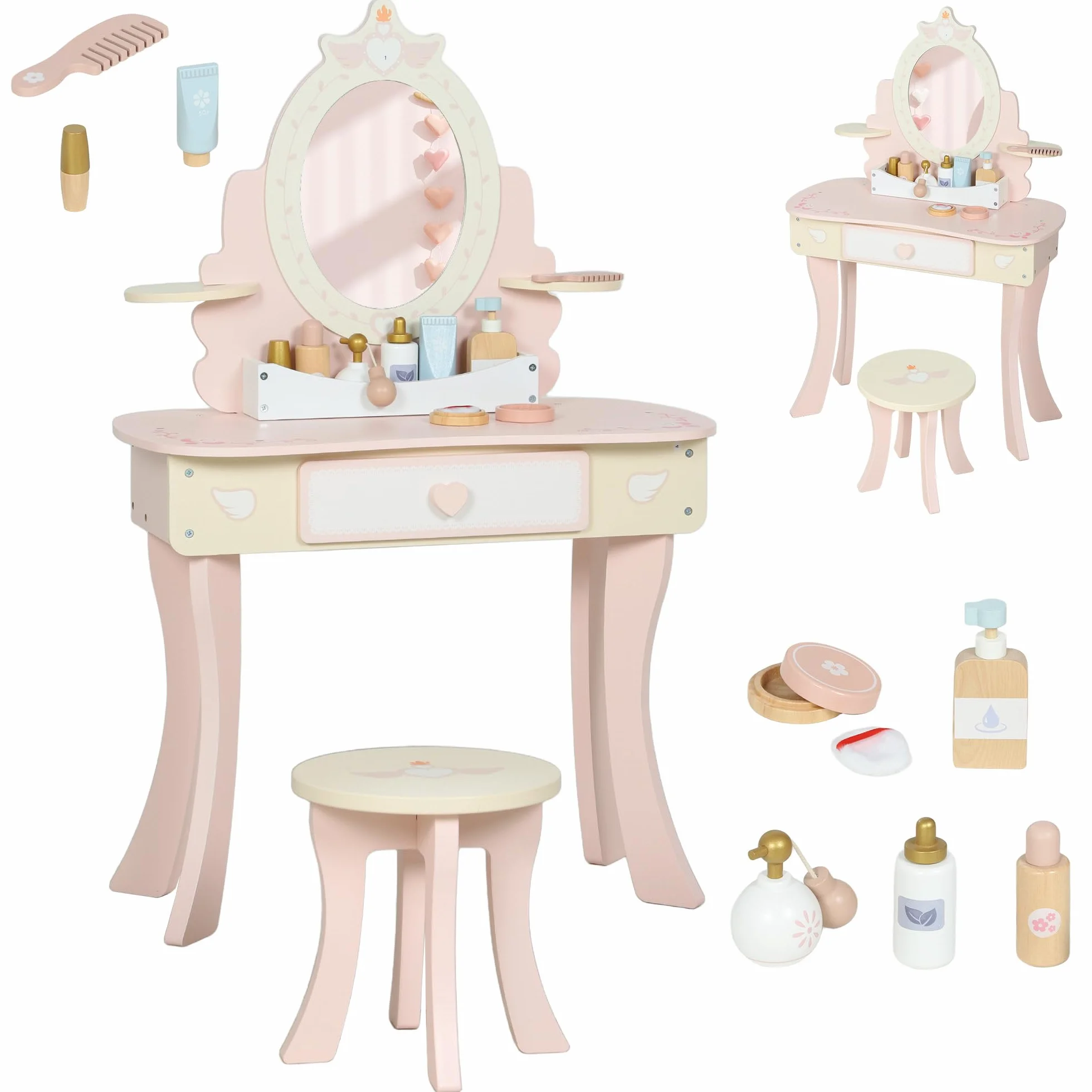 AIYAPLAY Set Toeletta con Specchio e Sgabello in Legno per Bambini, Tavolo da Trucco 2 in 1 Convertibile in Scrivania, 7 Accessori Inclusi, Rosa