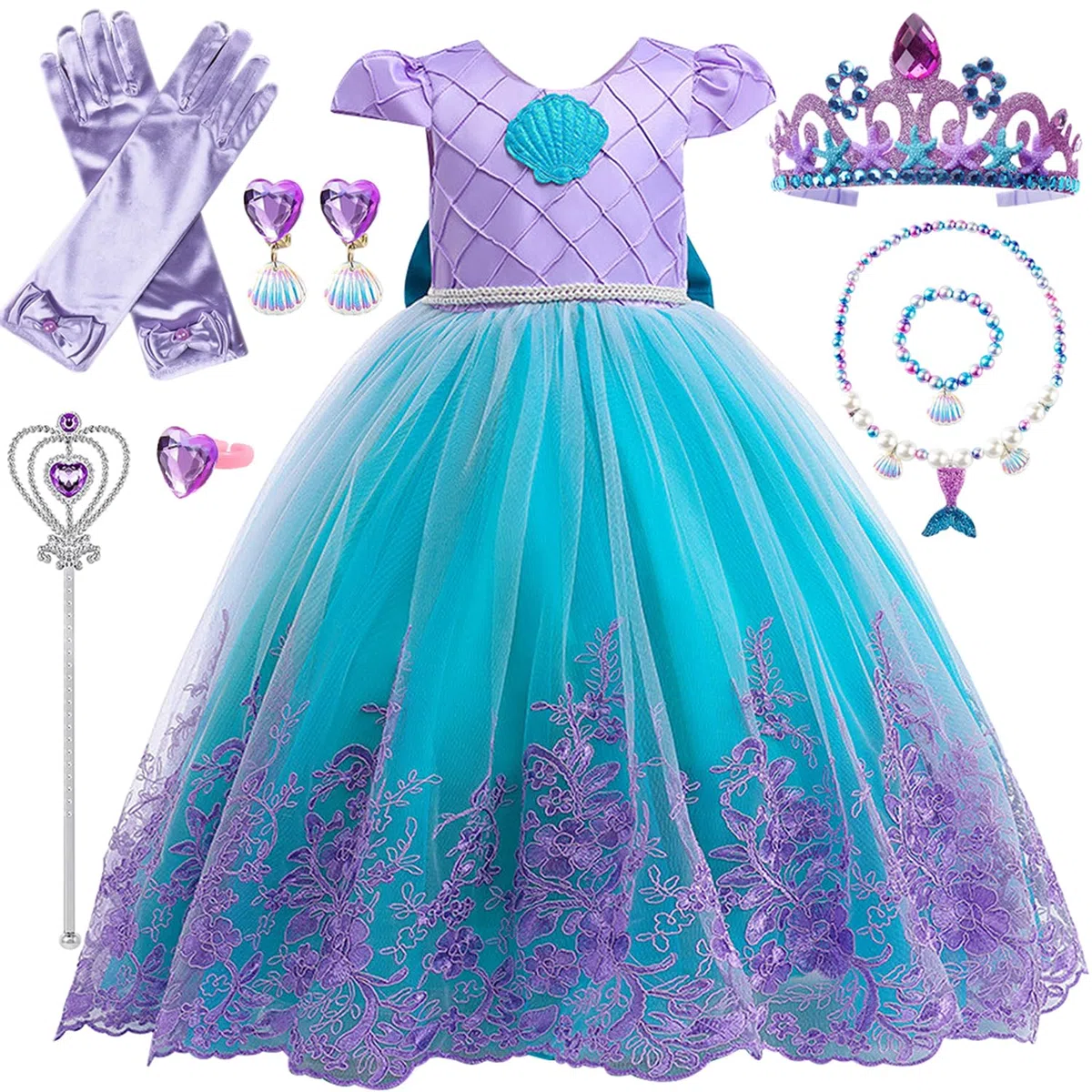 Vestito Principessa Bambina, Principessa Costume con Corona Set, Ragazze Costume, Fantasia Vestito per Halloween Carnevale Cosplay Compleanno Natale Festa