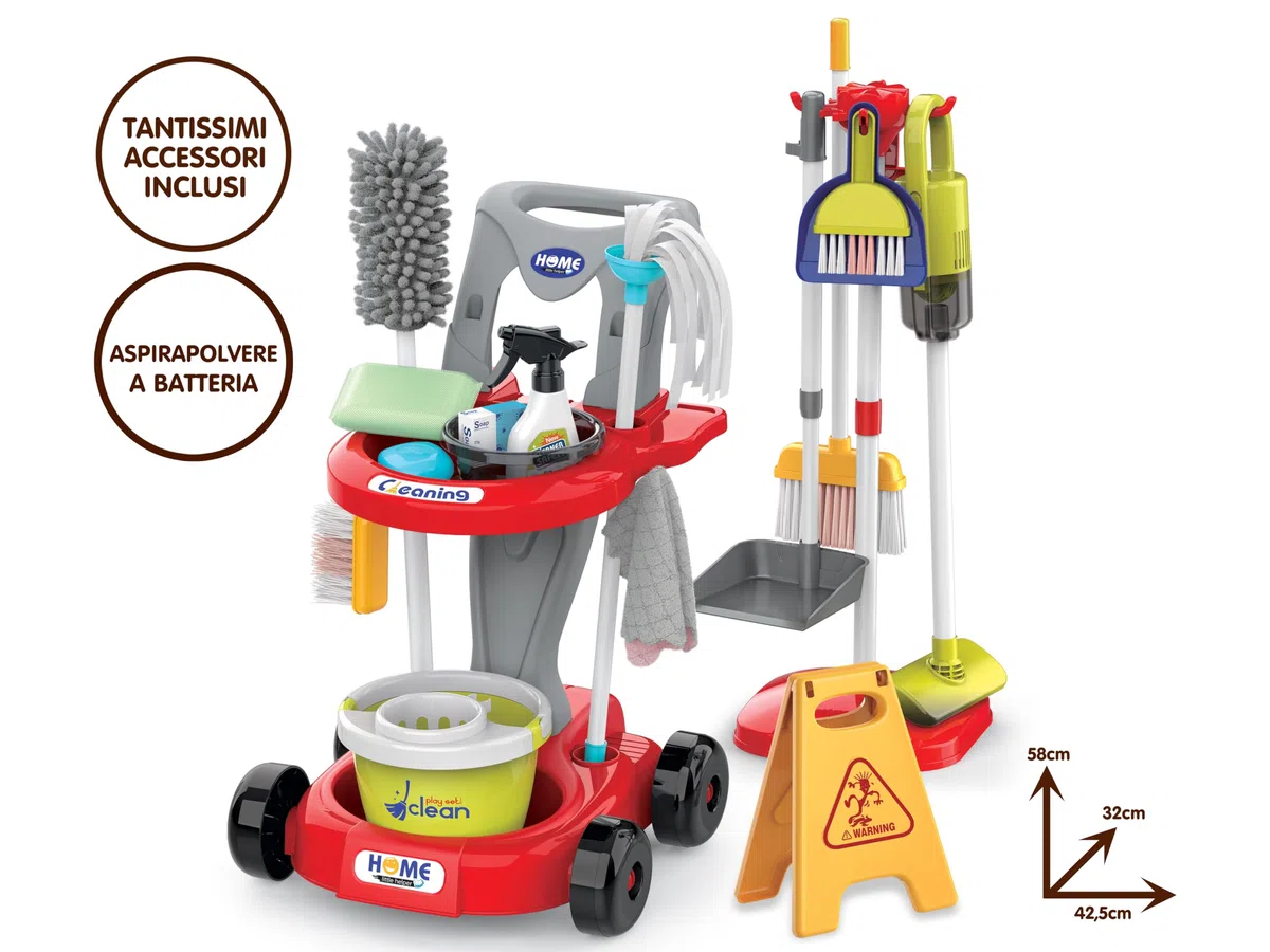 Teorema Giocattoli, Carrello per Bambini con Stand Porta Attrezzi, Set Pulizie Completo con Aspirapolvere Giocattolo a Batteria Funzionante, Scopa, Mocio e Tanti Accessori, Gioco di Imitazione, 58cm