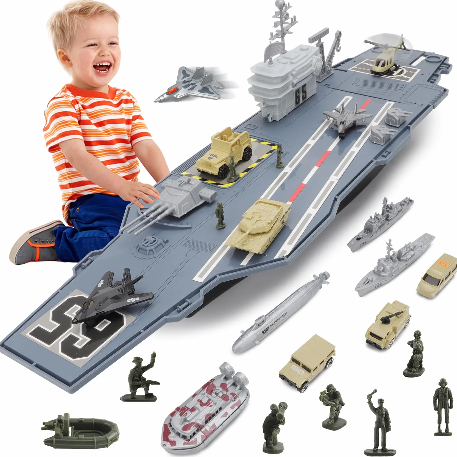 deAO Aria di Nave Barca Portaerei, Portaerei modello di nave con camion, corazzate, piccoli modellini di aeroplani, carri armati, sottomarini e action figure