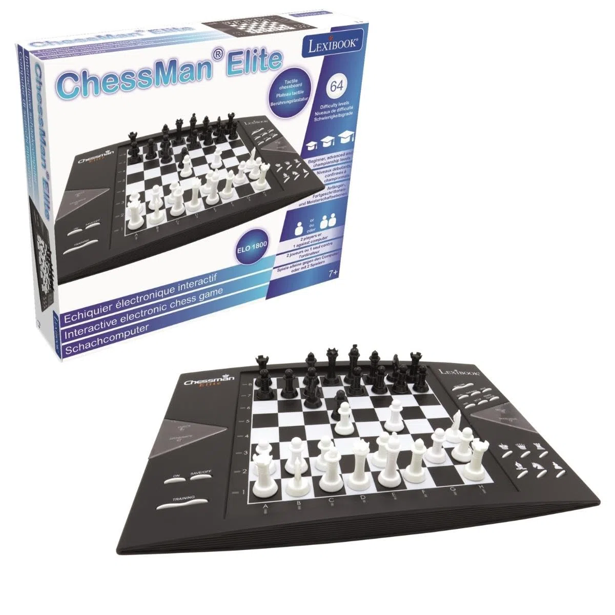 Lexibook ChessMan® Elite, gioco di scacchi, Computer di scacchi interattivo, 64 livelli di difficoltà, LED, alimentato a batteria o adattatore 9V, bianco/nero, CG1300LXB