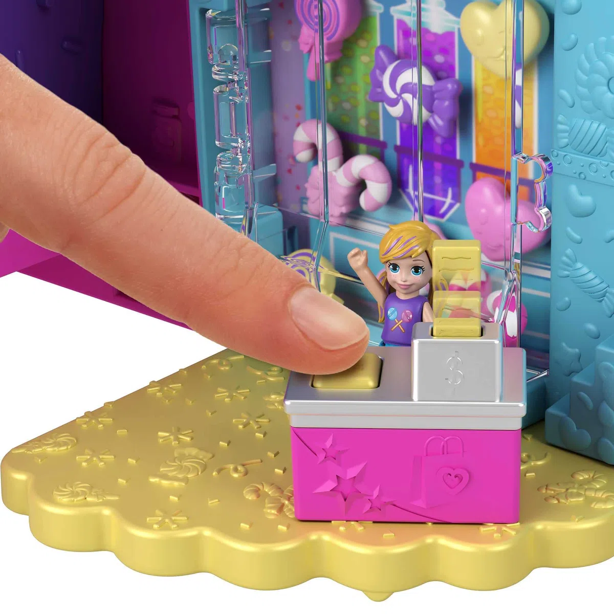 Polly Pocket Orsetto Dolci Sorprese - Playset con 4 aree gioco e 32 pezzi gioco: 2 bambole, caramelle non commestibili e funzione di ricarica, Giocattolo per Bambini 4+ Anni, HJN90
