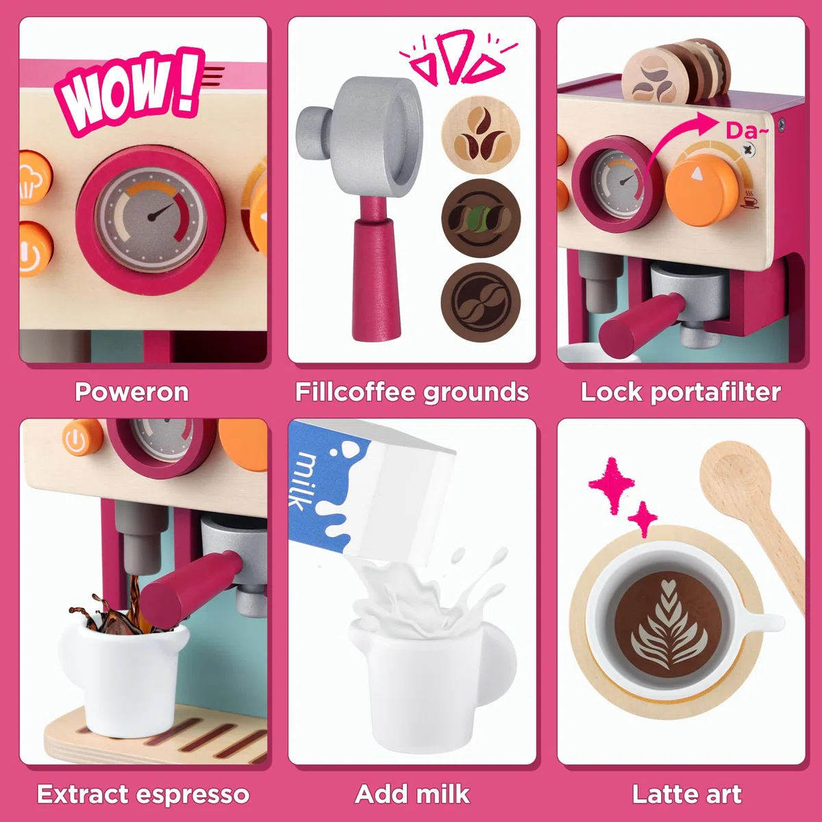 GAGAKU Macchina da caffè in legno per bambini dai 3 anni in poi con lattiera e accessori, giocattolo educativo, gioco di ruolo, regalo di compleanno per ragazzi e ragazze