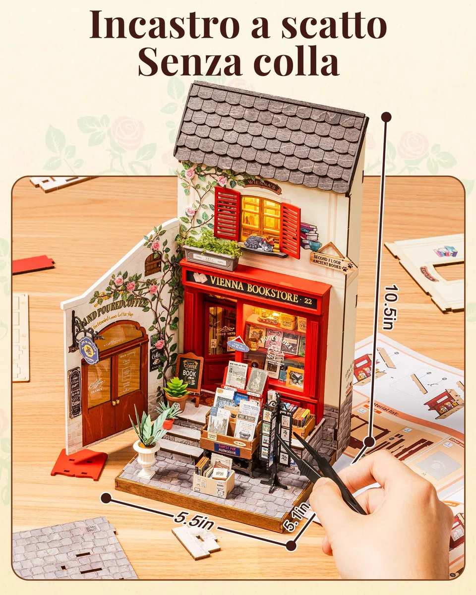 Rolife Miniature Casa Libreria Vienna, 290 pezzi Kit Casa in Miniatura DIY, Modellismo da Costruire Adulti Casa delle Bambole in Legno Puzzle 3D Nessun collante necessario