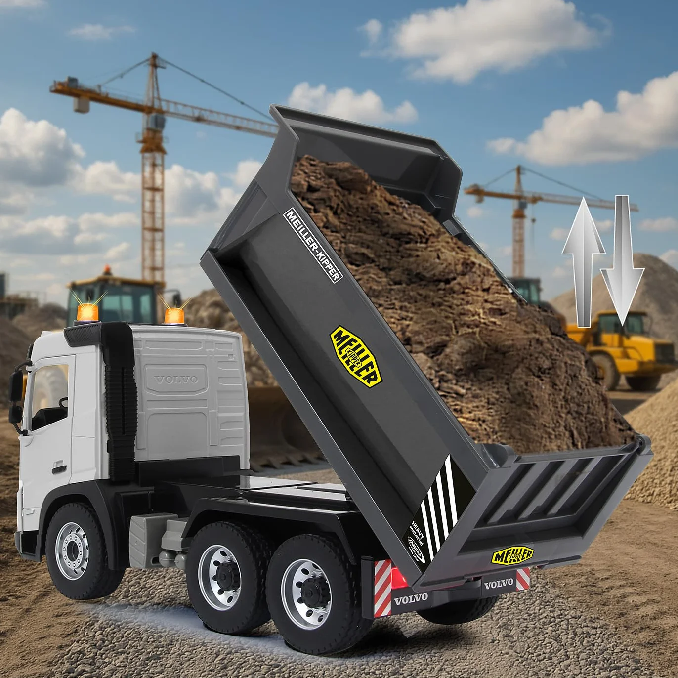 JAMARA Autocarro Volvo FMX Meiller 1:20, 2,4 GHz, con licenza ufficiale, suono di allarme di retromarcia, pneumatici in gomma profilati, luce LED, ribaltabile su/giù, veicolo da costruzione