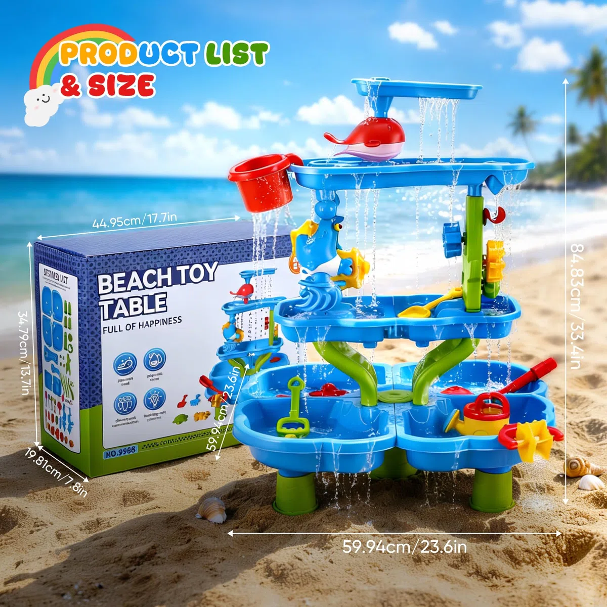 4 Livelli Tavolo Acqua e Sabbia per Bambini ,4 In 1 Tavolo D'acqua Bambini All'aperto con Accessori da Spiaggia(Stampo per Sabbia,Paletta,Annaffiatoio) per Spiaggia,Giardino e All'aperto,per 3+ Anni