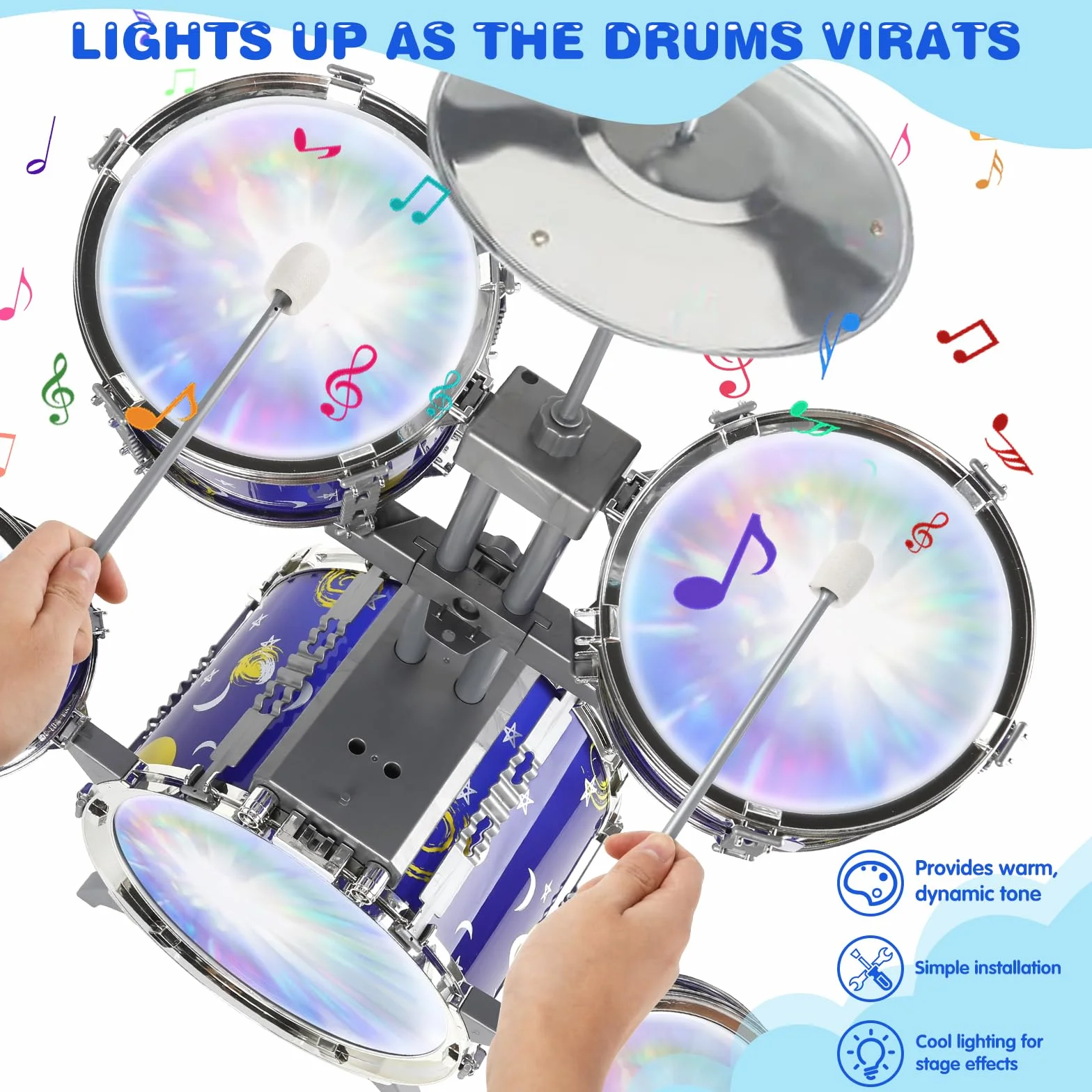 Batteria Giocattolo per Bambini Jazz Drum Kit, Giocattoli musicali luminosi per 3 4 5 Anni, Toddler Drum Set con sgabello 5 Tamburi Strumenti Musicali a Percussione per Ragazzi Ragazze