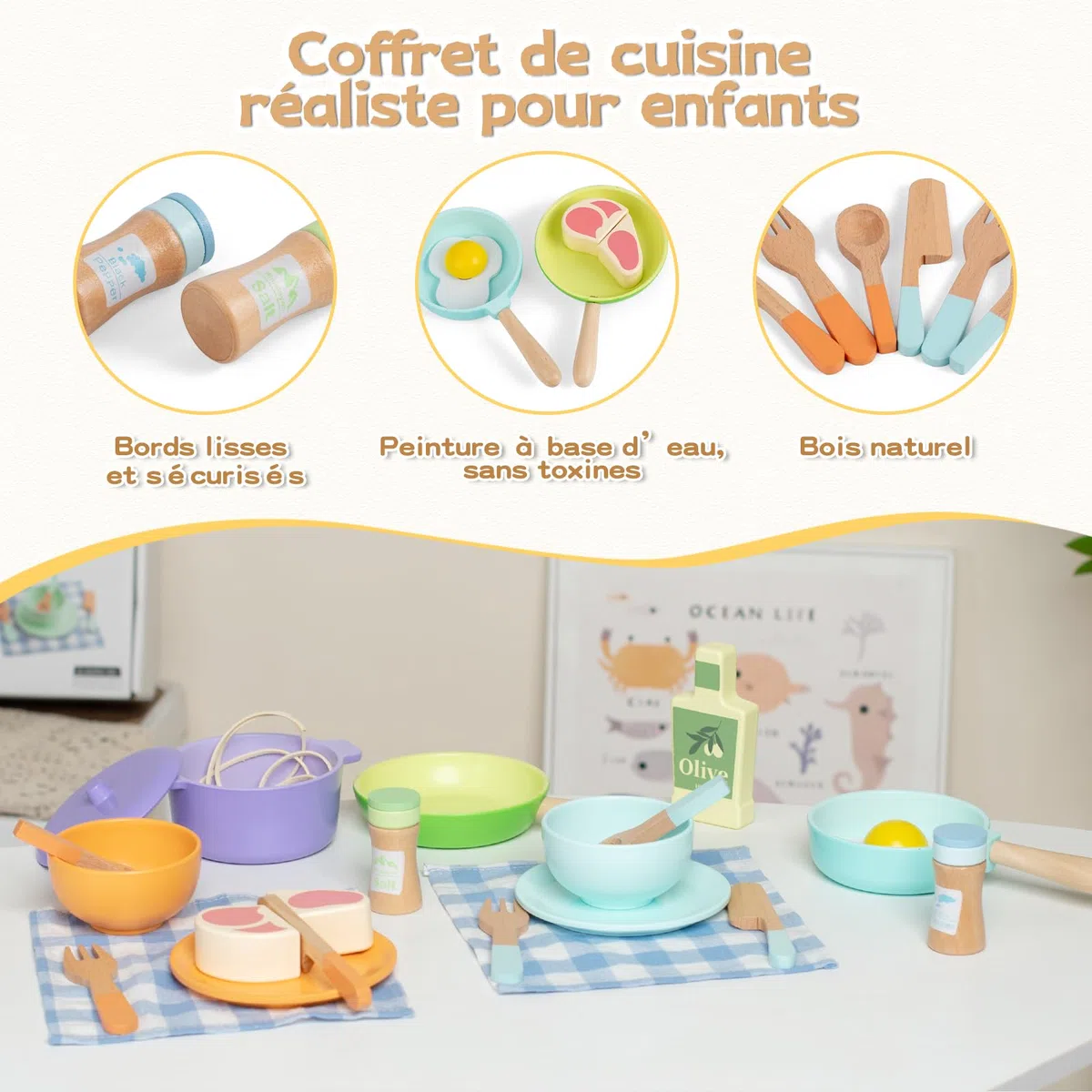 Set Cucina Bambini in Legno 21 Pezzi con Pentole e Accessori, Giocattolo Educativo Montessori e Gioco di Ruolo per Creatività, Età 3+ Anni