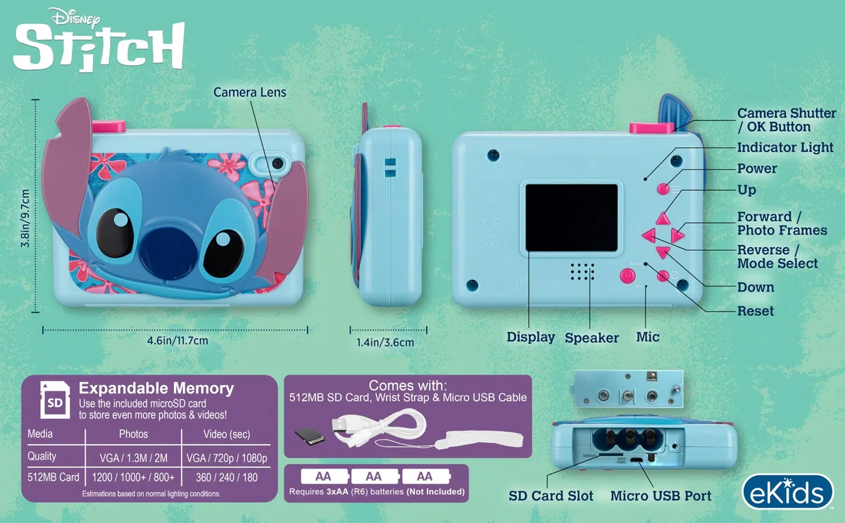 eKids Disney Stitch - Fotocamera digitale da 2 MP, schermo da 2 pollici, scheda SD da 512 MB, 5 giochi inclusi, colore: Blu