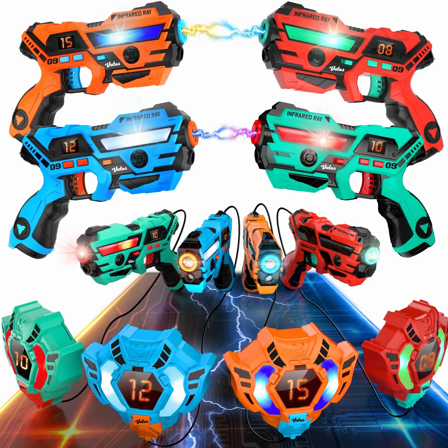 VATOS Laser Tag ricaricabile - Set di Laser Tag a infrarossi con sincronizzazione dei dati in tempo reale, gioco di tiro per 4 giocatori per bambini e ragazzi di età compresa tra 6 e 12 anni