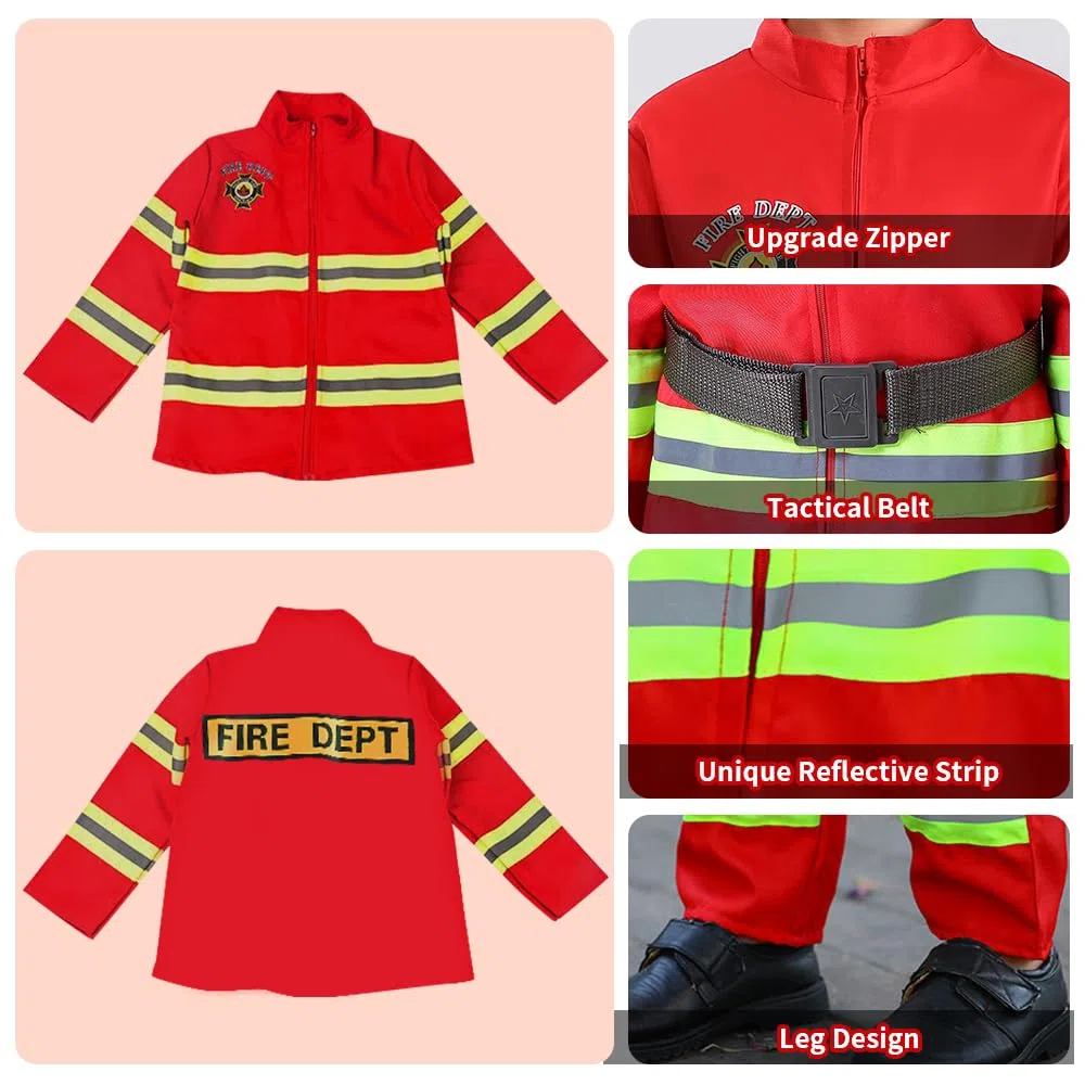 Costume da Pompiere per Bambini, 12pcs Giochi di Ruolo, Costumi di Halloween, Giocattolo 3-5 Anni per Feste in Maschera, Esercitazioni Antincendio, Scuola e Casa (110cm)