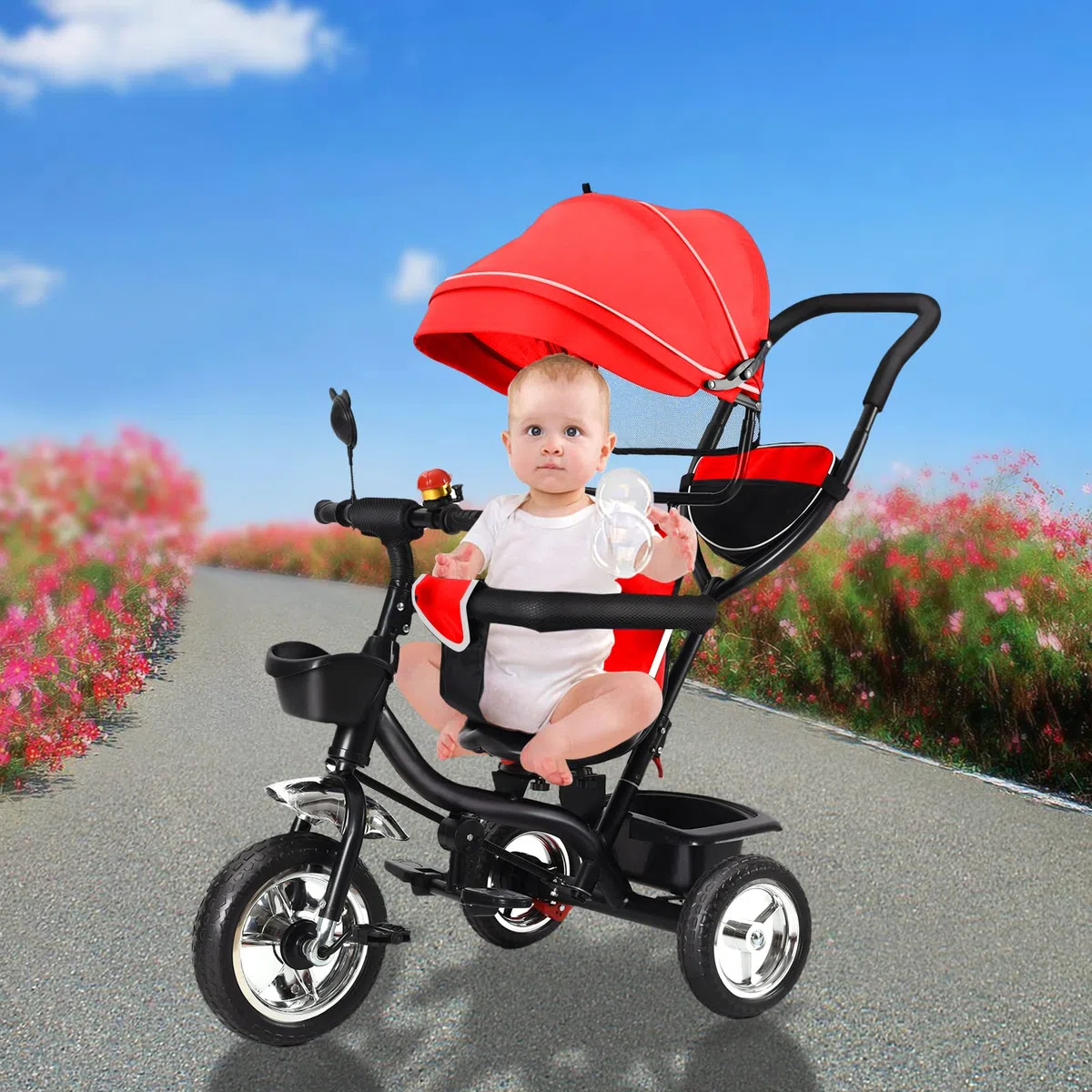 Triciclo per bambini evolutivo con sedile reversibile, triciclo a spinta per ragazze e ragazzi, tettoia+grande armatura+barra di spinta regolabile (grande rosso)